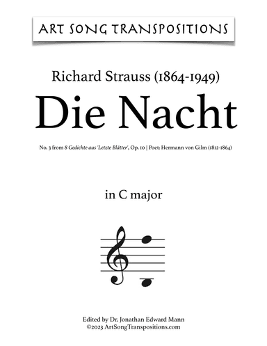 STRAUSS: Die Nacht, Op. 10 no. 3 (transposed to C major, B major, and B-flat major) (arr. ArtSongTranspositions.com)