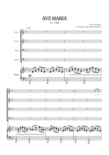 Schubert Ave Maria • TTBB choir sheet music with piano accompaniment (arr. Benzaiten Editions)