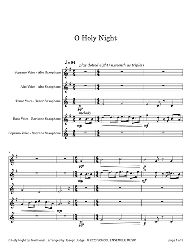 O Holy Night for Saxophone Quartet in Schools (arr. Joseph Judge)