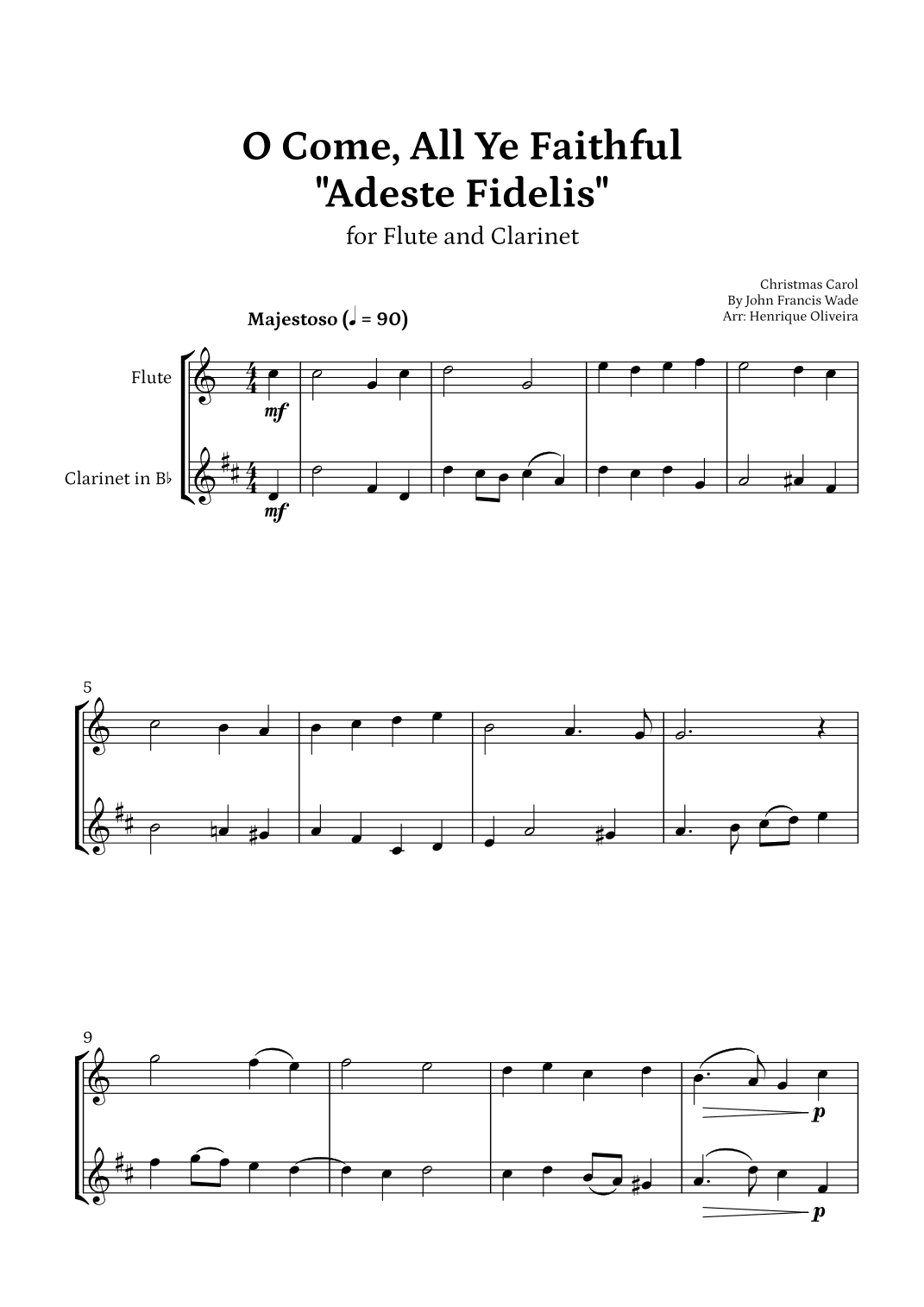O Come, All Ye Faithful (Adeste Fidelis) - Flute and Clarinet (arr. Henrique Oliveira)