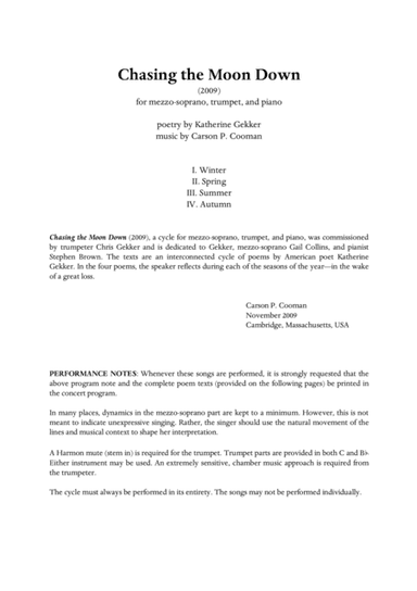 Carson Cooman : Chasing the Moon Down (2009), for mezzo-soprano, trumpet, and piano