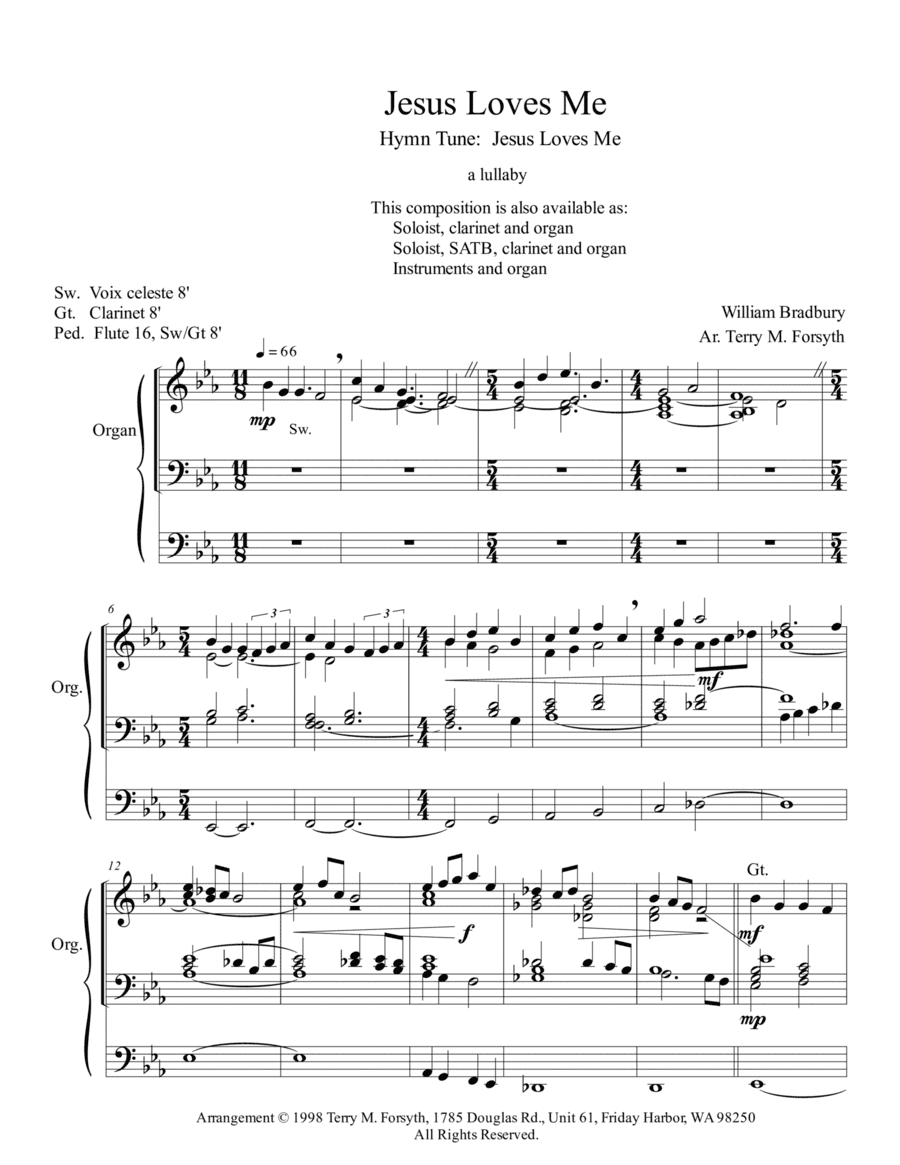 "Jesus Loves Me", lullaby, organ solo (arr. Terry M. Forsyth)