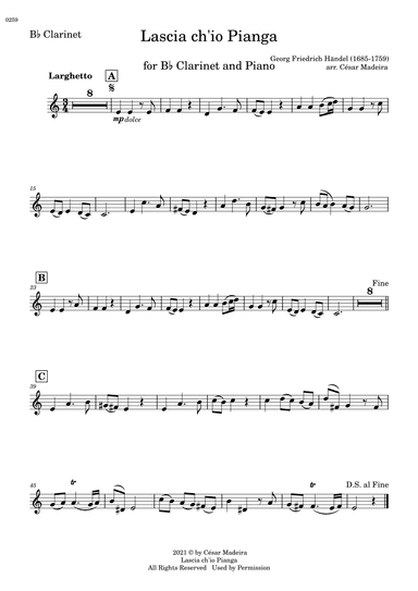 Lascia Ch'io Pianga - Bb Clarinet and Piano (Individual Parts) (arr. César Madeira)
