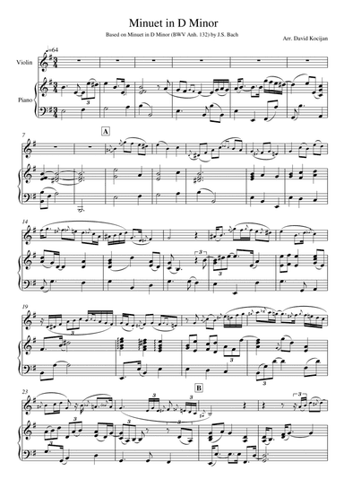 Bach - Minuet in D Minor, BWV Anh. 132 (violin & piano) (arr. David Kocijan)