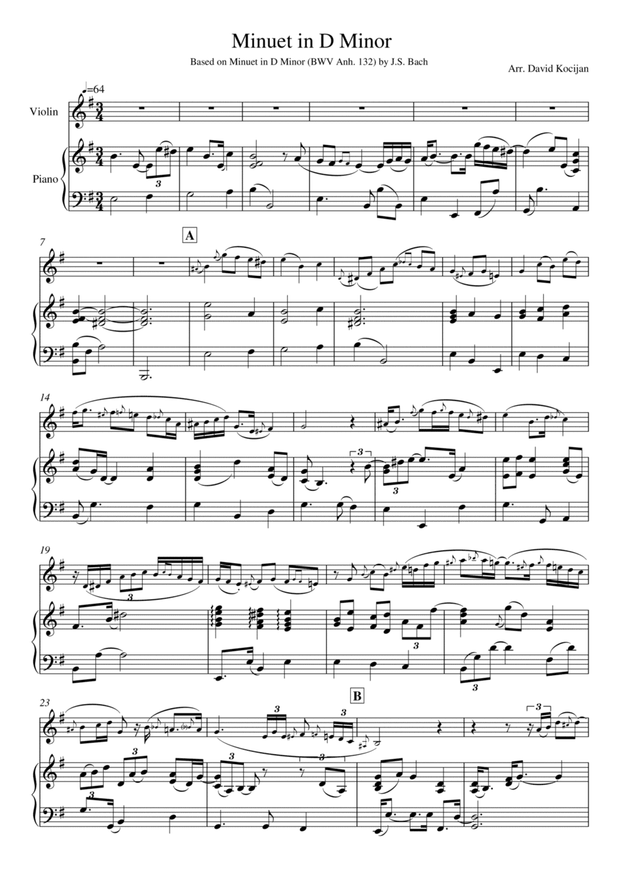 Bach - Minuet in D Minor, BWV Anh. 132 (violin & piano) (arr. David Kocijan)