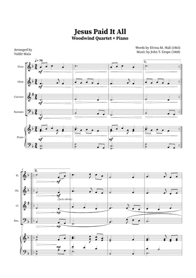 Jesus Paid It All - Woodwind Quartet and Piano (arr. Valdir Maia)