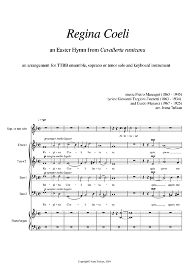 Regina Coeli, F major. TTBB, Tenor or soprano solo, piano, full version (arr. Ivana Tuskan)