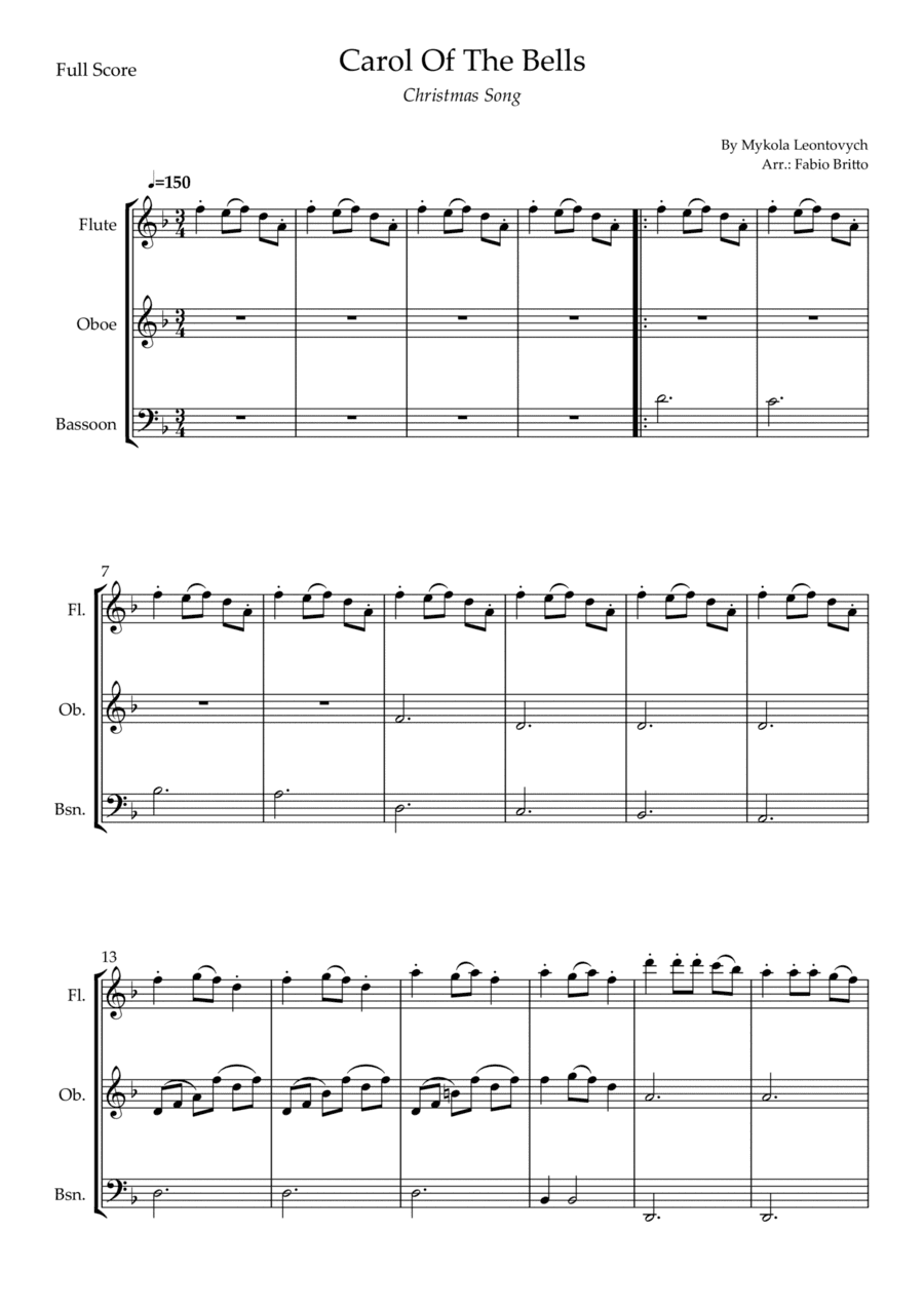 Carol Of The Bells (Christmas Song) for Woodwind Trio (D Minor) (arr. Fabio Britto)