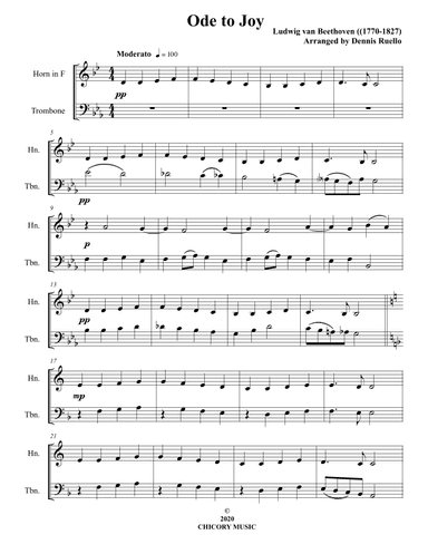 Ode to Joy - Horn in F and Trombone Duet - Intermediate (arr. Dennis Ruello)