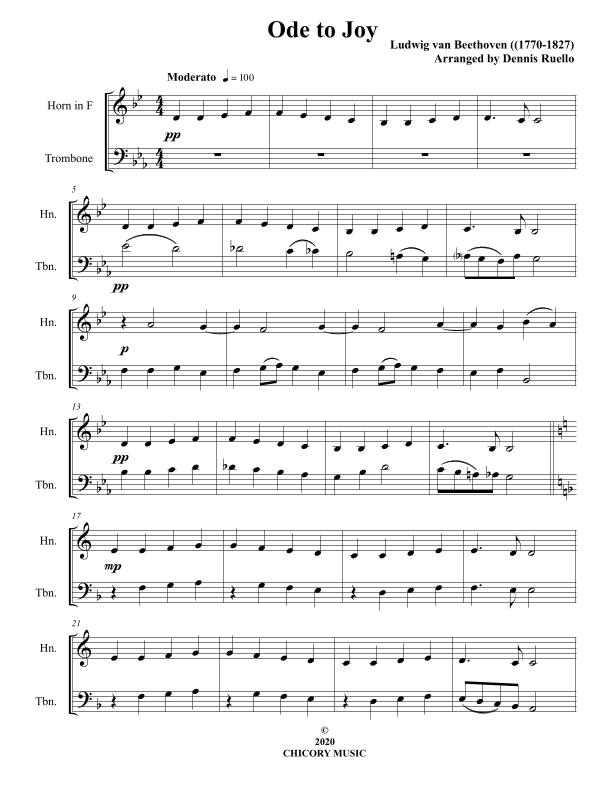 Ode to Joy - Horn in F and Trombone Duet - Intermediate (arr. Dennis Ruello)