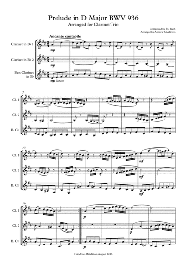 Prelude in D Major BWV 936 arranged for Clarinet Trio (arr. Andrew Middleton)