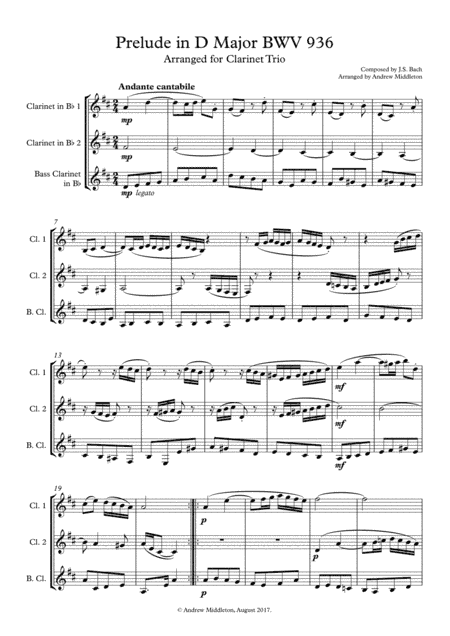 Prelude in D Major BWV 936 arranged for Clarinet Trio (arr. Andrew Middleton)