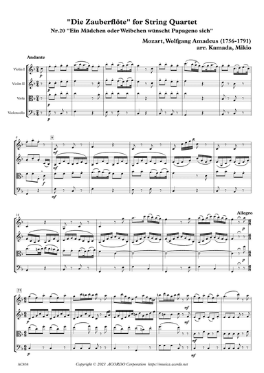 "Die Zauberflöte" for String Quartet, Nr.20 "Ein Mädchen oder Weibchen wünscht Papageno sich" (arr. Kamada, Mikio)
