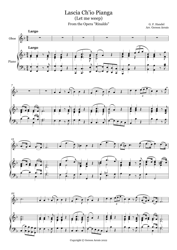 Lascia Ch'io Pianga (Let me Weep) from the Opera Rinaldo - for Oboe and Piano (arr. Gerson Arrais)