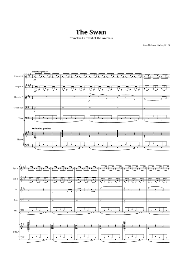 The Swan by Saint-Saëns for Brass Quintet and Piano (arr. Langanho)