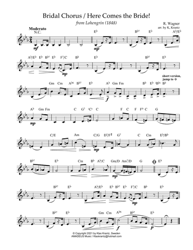Bridal Chorus / Here Comes the Bride! lead sheet with guitar chords (Eb Major) (arr. K. Krantz)