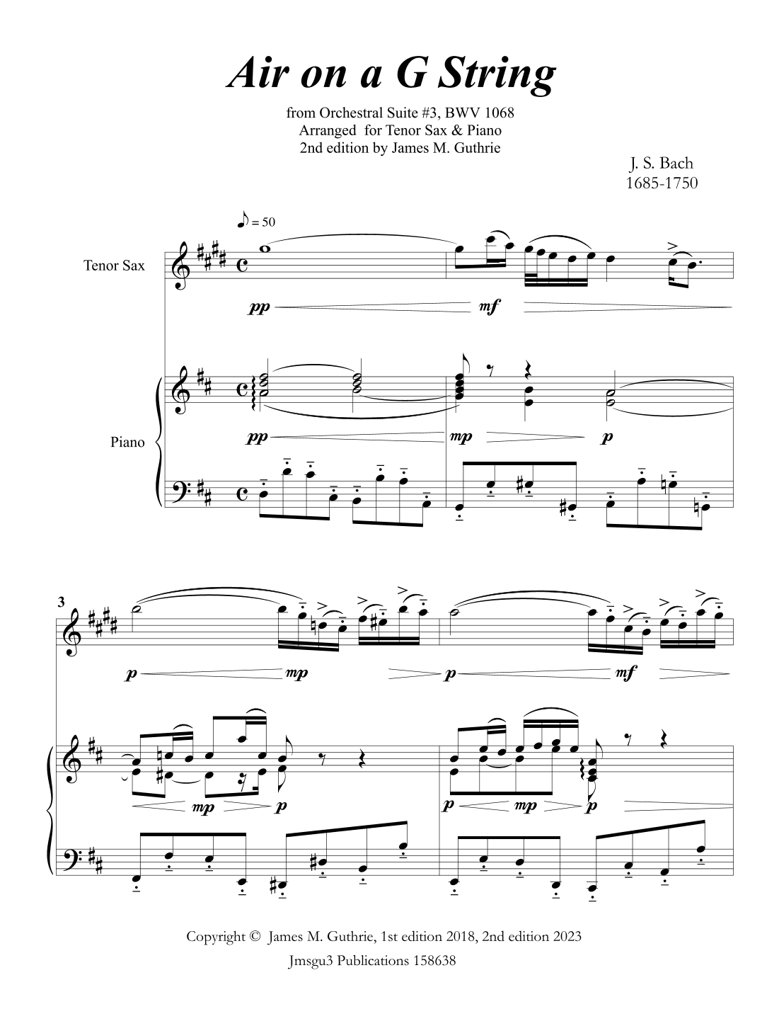 Bach: Air on a G String for Tenor Sax & Piano (arr. James M. Guthrie, ASCAP)