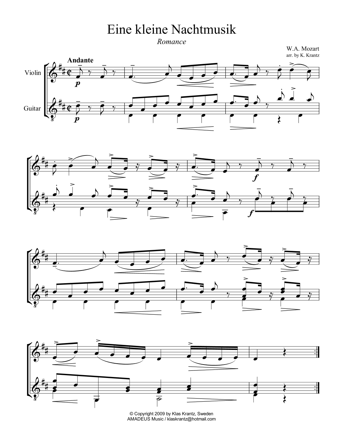 Romance from Eine kleine Nachtmusik for violin and guitar (arr. K. Krantz)