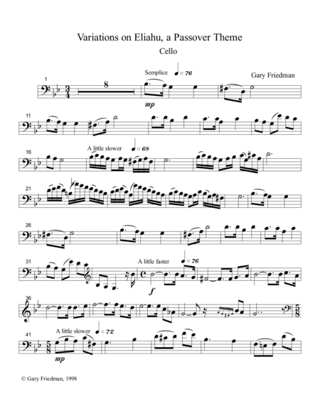 Variations on Eliahu, a Passover Theme (for solo cello and piano)