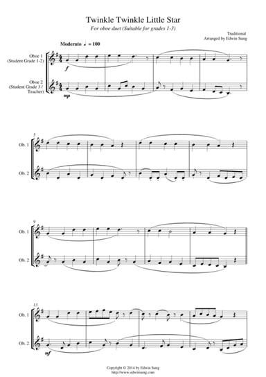 Twinkle Twinkle Little Star (for oboe duet, suitable for grades 1-3) (arr. Edwin Sung)