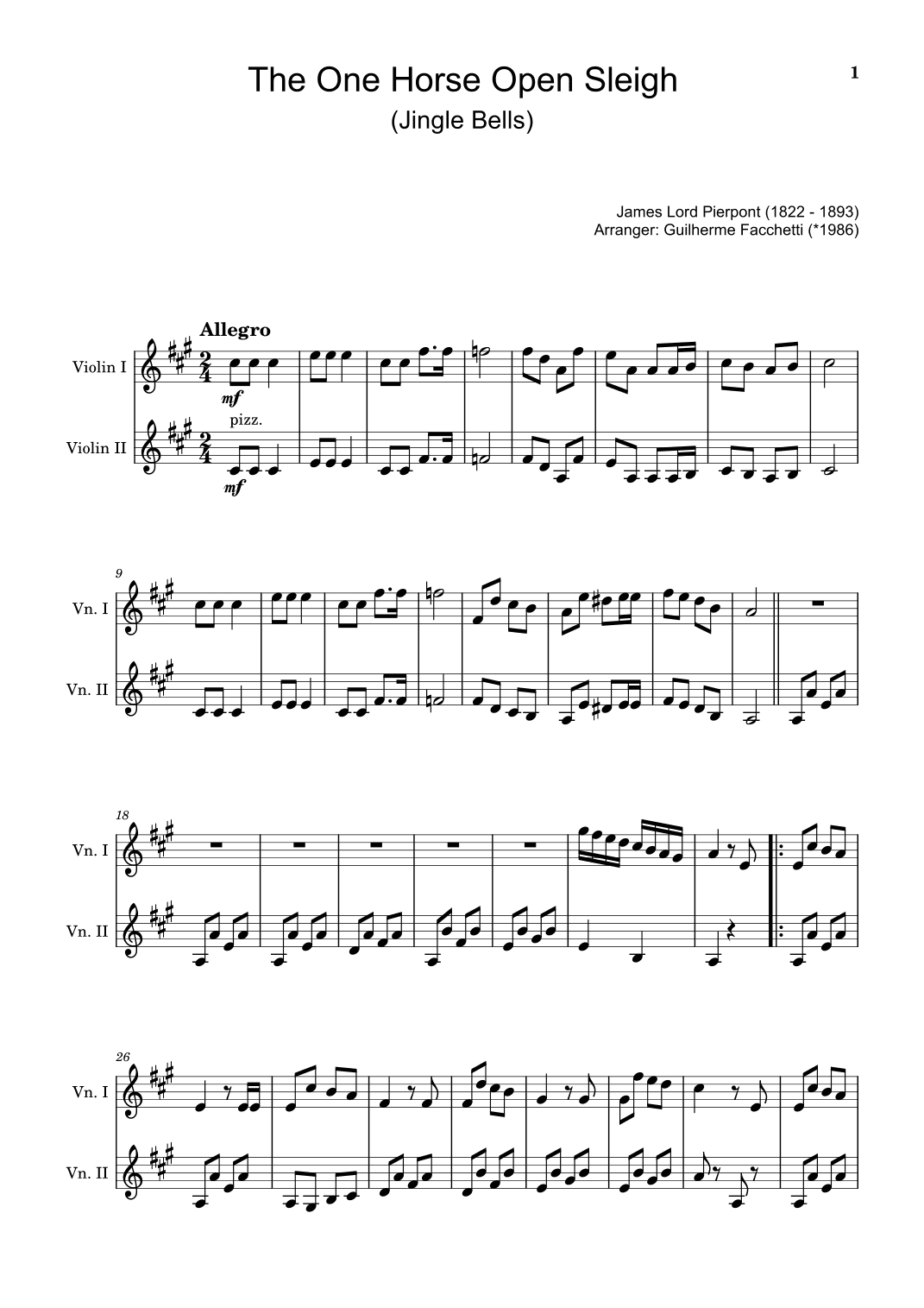 James Lord Pierpont - The One Horse Open Sleigh (Jingle Bells). Arrangement for Violin Duet. (arr. Guilherme Facchetti)