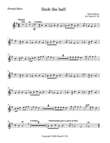 Deck the hall for french horn and piano (easy) (arr. Daniel C. M.)