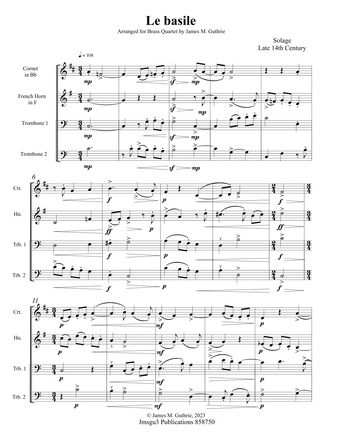 Solage: Le basile for Brass Quartet (arr. James M. Guthrie)