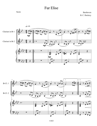 Fur Elise (Clarinet Duet with Piano Accompaniment) (arr. B. C. Dockery)
