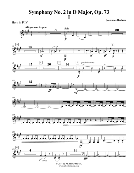 Brahms Symphony No. 2, Movement I - Horn in F 4 (Transposed Part), Op. 73 (arr. Doug Clyde)