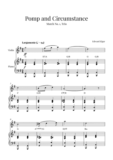 Edward Elgar - Pomp and Circumstance (for Violin and Piano) - with chords (arr. Cadenza Editions)