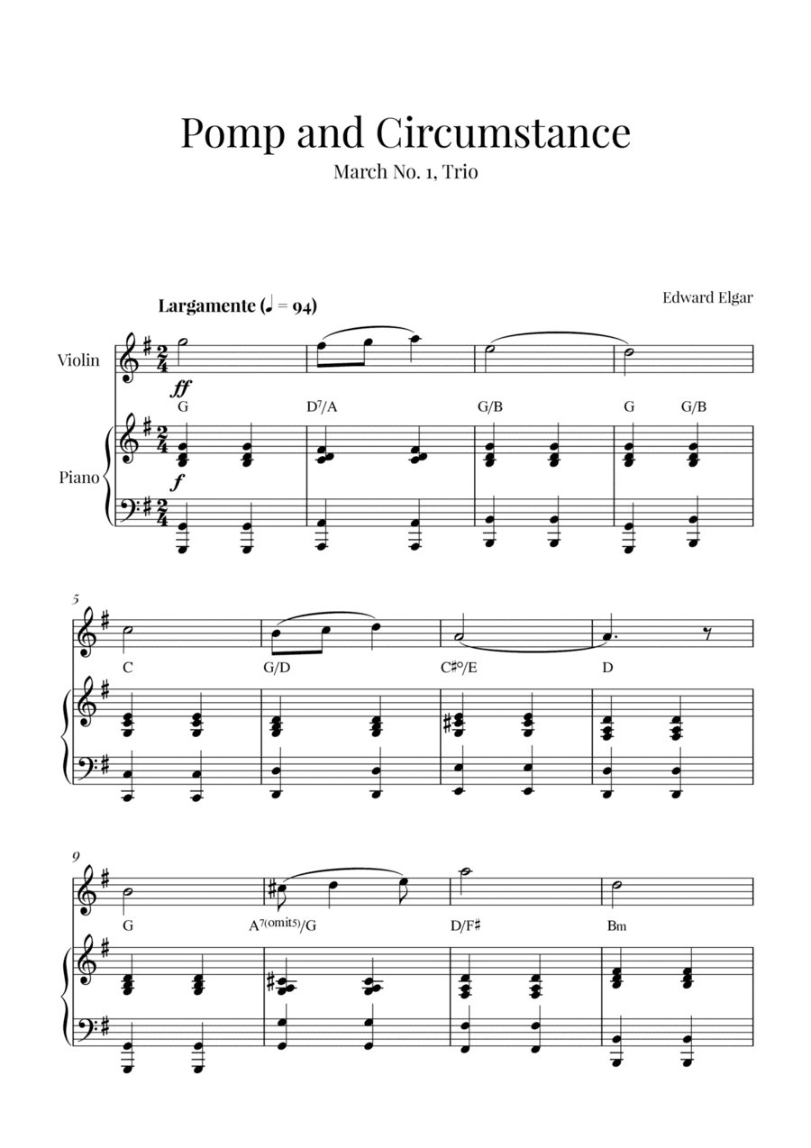 Edward Elgar - Pomp and Circumstance (for Violin and Piano) - with chords (arr. Cadenza Editions)