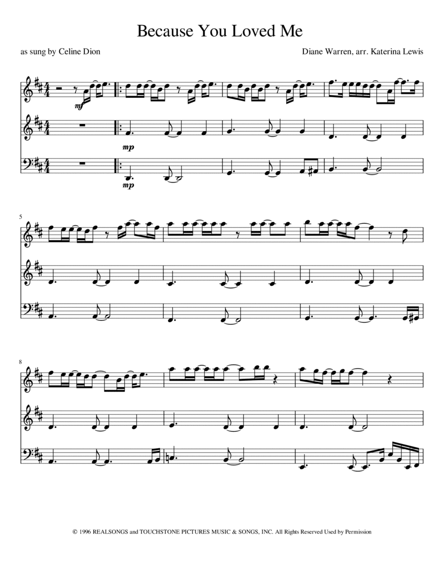 Because You Loved Me (arr. Katerina Anne Lewis)