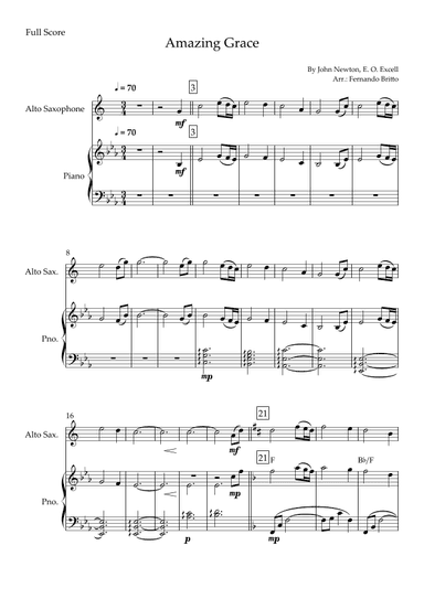 Amazing Grace for Alto Saxophone Solo and Piano Accompaniment with Chords (arr. Fernando Britto)