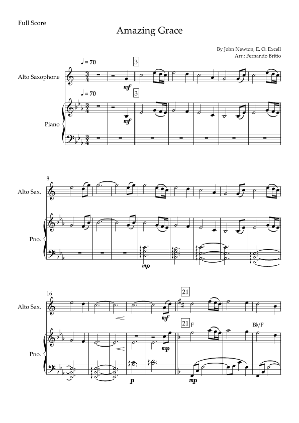 Amazing Grace for Alto Saxophone Solo and Piano Accompaniment with Chords (arr. Fernando Britto)