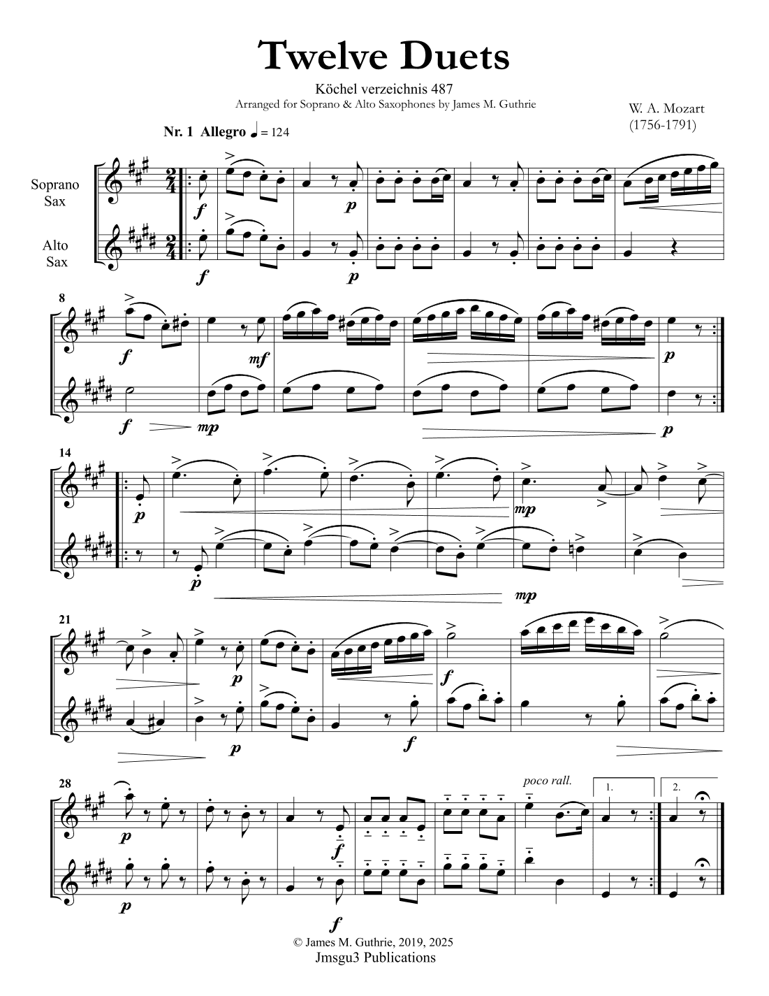 Mozart: 12 Duets K. 487 for Soprano & Alto Sax Duo (arr. James M. Guthrie, ASCAP)
