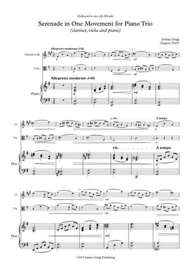 Serenade in One Movement for Piano Trio (clarinet, viola and piano)