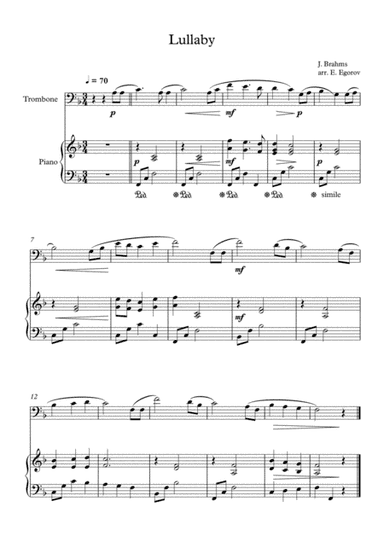 Lullaby, Johannes Brahms, For Trombone & Piano (arr. Eugene Egorov)