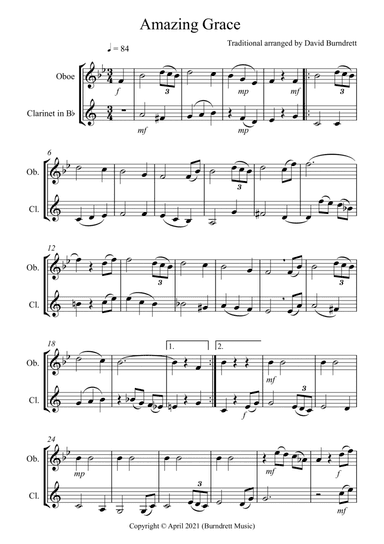 Amazing Grace for Oboe and Clarinet Duet (arr. David Burndrett)