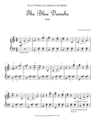 The Blue Danube (Play Piano Classics for Baby) Piano Solo Grade 2 with note names and finger numbers (arr. Published Harmony Valarie)