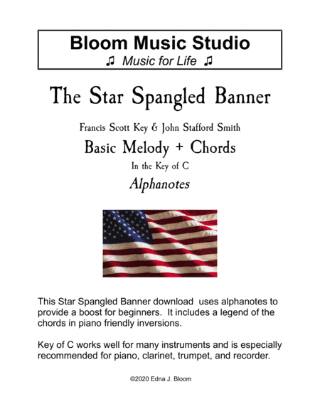 Star Spangled Banner Key of C Alphanote Lead Sheet (arr. Edna J. Bloom)