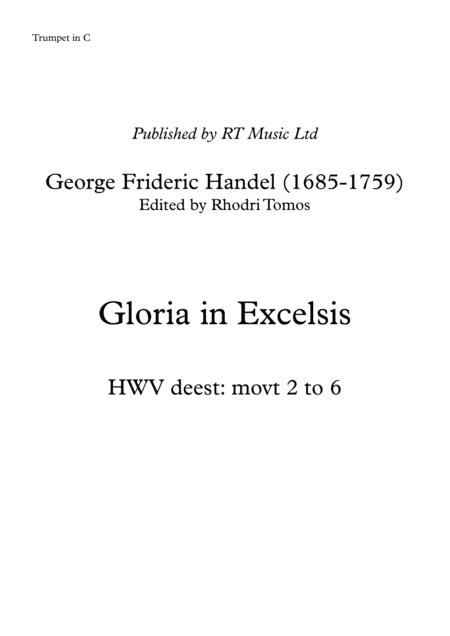 Handel HWV deest Gloria in Excelsis movts 2 to 6 only solo sheet music (arr. Rhodri Tomos)