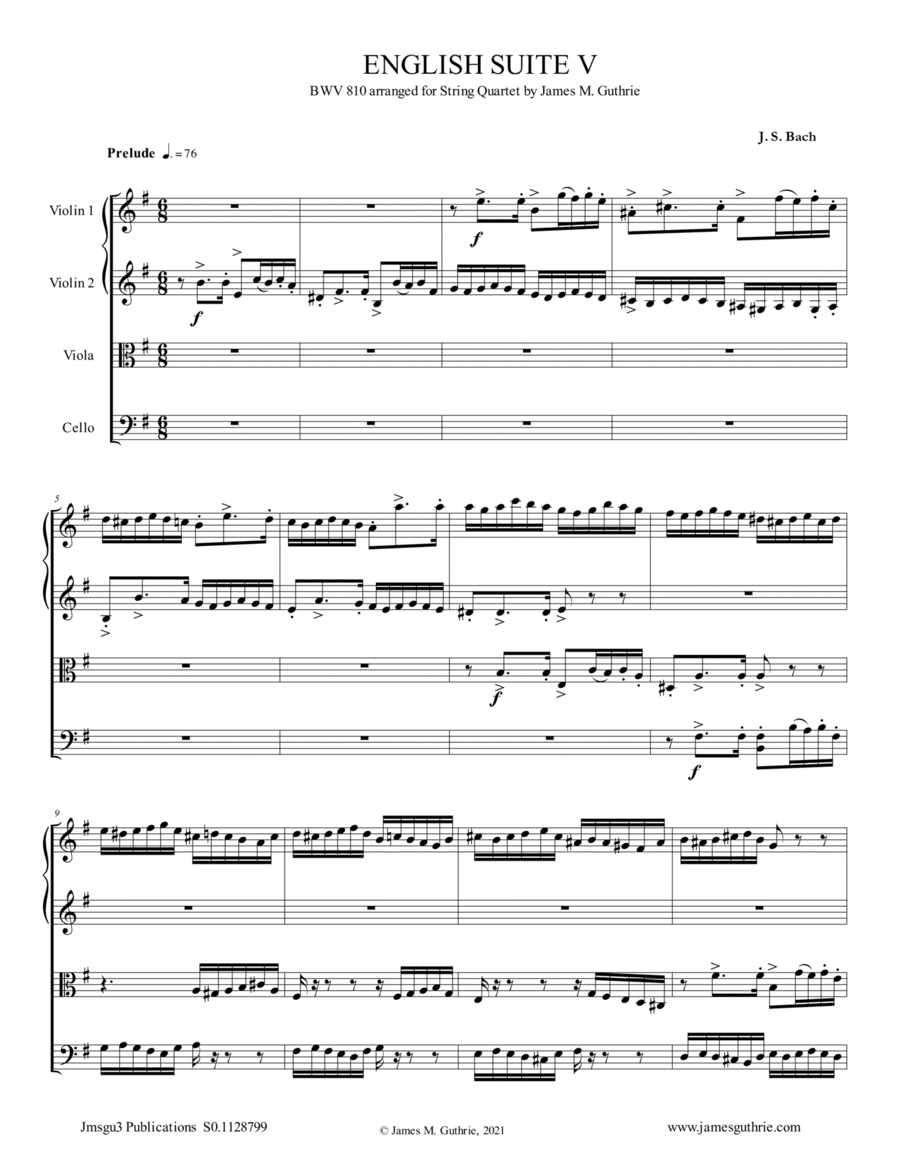 BACH: English Suite No. 5 BWV 810 for String Quartet (arr. James M. Guthrie)