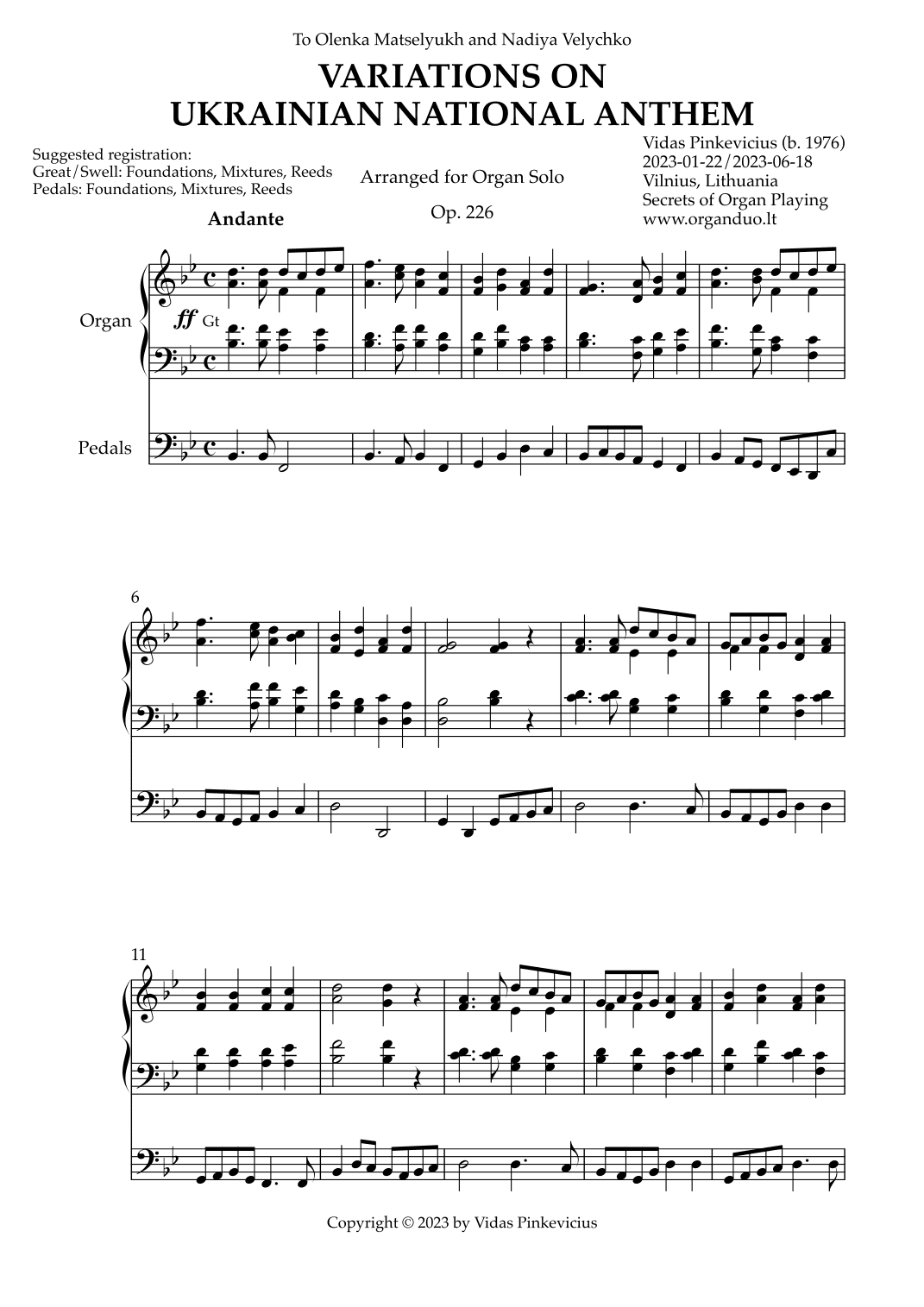 Variations on Ukrainian National Anthem, Op. 226 (Organ Solo) by Vidas Pinkevicius