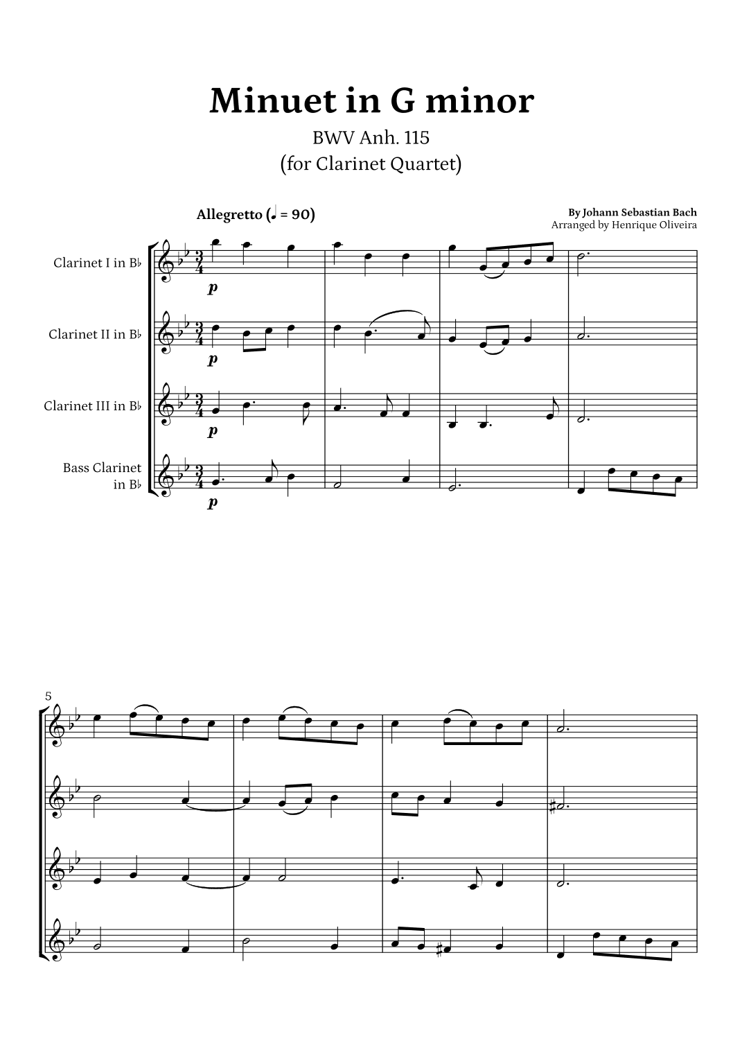 Minuet in G minor, BWV Anh. 115 (Clarinet Quartet) - J. S. Bach (arr. Henrique Oliveira)