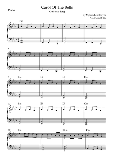 Carol Of The Bells (Christmas Song) for Easy Piano Solo with Chords (Ab/Fm) (arr. Fabio Britto)
