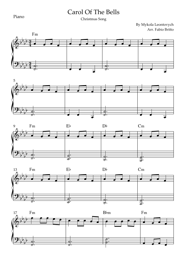 Carol Of The Bells (Christmas Song) for Easy Piano Solo with Chords (Ab/Fm) (arr. Fabio Britto)