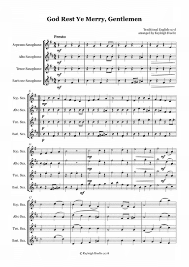 God Rest Ye Merry Gentlemen - Saxophone quartet (SATB) (arr. Kayleigh Huelin)