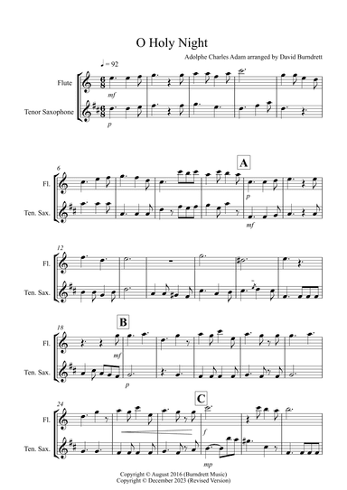 O Holy Night for Flute and Tenor Saxophone Duet (arr. David Burndrett)