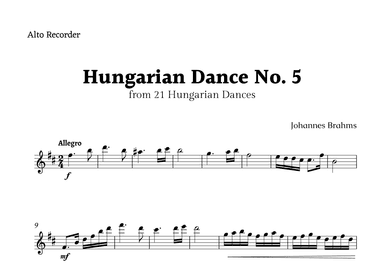 Hungarian Dance No. 5 by Brahms for Alto Recorder Solo (arr. Rika K.)