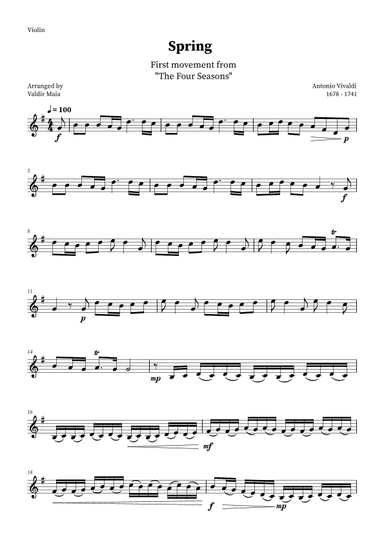Spring - The Four Seasons for Violin Solo (G Major) (arr. Valdir Maia)